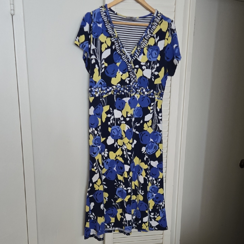 Per Una Blue and Yellow Viscose Floral Midi Dress Size 18 Length 43 Inches